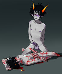 2boys abuse amputee black_hair blood blush broken_horn cum gamzee_makara gay gore grey_background grey_skin guro homestuck horns intestines karkat_vantas masturbation ms_paint_adventures naked open_mouth penis pointy_ears purple_hair red_eyes scratches sharp_teeth short_hair troll