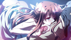 aqua_eyes areolae blush breasts brown_hair female game_cg long_hair male natsuzora_no_perseus nipples open_mouth paizuri penis sawatari_tohka shouna_mitsuishi straight sweat takasaki_mako uncensored