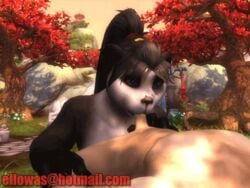 3d animated anthro artist_name black_fur black_nose blizzard_entertainment blowjob ellowas fellatio female grass human human_male human_on_anthro male oral panda pandaren pandaren_female ponytail red_rope round_ears sex straight tree video_games warcraft white_fur world_of_warcraft