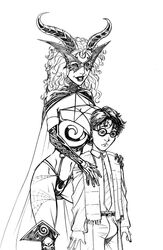 1boy 1girls crossover deuce female harry_james_potter harry_potter huge_breasts human human_only male monochrome small_but_hung straight tarot:_witch_of_the_black_rose tarot_(character)