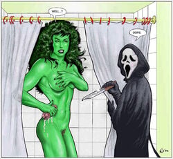 00s 1girls 2000s 2002 ambiguous_gender big_breasts breasts covering crossover dialogue english_text female ghostface green_skin human knife marvel navel nipples nude nudity parody psycho_(1960) psycho_(franchise) pubic_hair scream_(franchise) she-hulk shower size_difference soap sponge text weird_crossover yatz