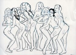 6+girls 8girls amara_aquilla anna_marie artist_request emma_frost female female_only jubilee kitty_pryde magik_(illyana_rasputin) magma_(x-men) marvel marvel_comics monochrome multiple_girls new_mutants nipples nude ororo_munroe psylocke rogue_(x-men) shadowcat storm_(x-men) straight_hair white_queen x-men yuri