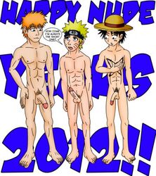 2012 3boys abs biting_own_lip black_hair bleach blonde_hair blue_eyes bumwolf crossover erection facial_scar flaccid forehead_protector gay half-erect hand_on_chest hat human ichigo_kurosaki looking_at_another looking_at_penis male male_only monkey_d_luffy multiple_males multiple_penises naruto nude one_piece orange_hair pecs penis_size_difference scar size_difference text thin_penis uzumaki_naruto whisker_markings