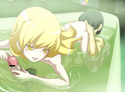 69 ahoge araragi_koyomi arudehido barefoot bath bathtub black_hair blonde_hair blush blush_stickers censored cunnilingus face_in_ass fellatio female long_hair male_pubic_hair mixed_bathing monogatari_(series) nisemonogatari nude open_mouth oral oshino_shinobu penis pointless_censoring pubic_hair ripples water yellow_eyes