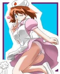 1girls alternate_costume arm arms art ass bare_legs blue_eyes brown_hair clenched_hand clothing cosplay dress dress_lift gambler_club hat heart human human_only leg_lift leg_up legs may_(pokemon) nintendo nurse nurse_cap nurse_uniform panties pantyshot pokemon pokemon_rse shoes short_hair smile wink