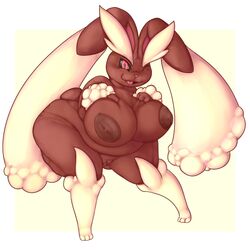 anthro areola ass barefoot bent_over big_breasts big_butt big_nipples breasts darkmagician1212 fat female fur heart lagomorph long_ears looking_at_viewer lopunny mammal nintendo nipples nude one_eye_closed open_mouth overweight pokemon pokemon_(species) pussy rabbit slightly_chubby smile solo standing thick_thighs tongue video_games wide_hips