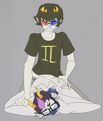 2boys anal_sex ass_grab black_hair bound_wrists eridan_ampora fins gay glasses grey_background grey_skin homestuck horns male_only ms_paint_adventures penis pointy_ears purple_hair scarf short_hair sollux_captor troll two_tone_hair yellow_sclera