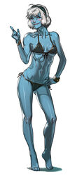 bikini blue_eyes blue_skin bracelet cleavage ganassa hairband hand_on_hip humanized league_of_legends looking_at_viewer navel pinup pointy_ears pose short_hair simple_background smile tiptoes tristana white_hair wristband