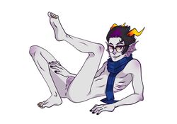 1boy ass balls black_hair black_nails eridan_ampora fins gills glasses grey_skin homestuck horns male_focus male_only ms_paint_adventures naked purple_eyes purple_highlights scarf sharp_teeth short_hair smile solo solo_male troll white_background