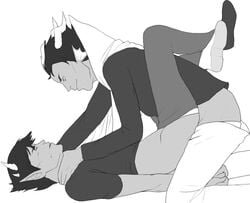 2boys anal asphyxiation black_hair cape choking closed_eyes clothing eridan_ampora fins gay grey_skin homestuck horns ms_paint_adventures pants_down pointy_ears short_hair sollux_captor troll white_background white_highlights