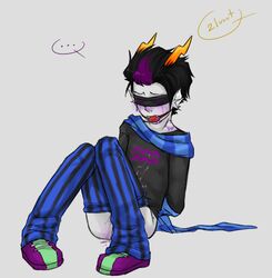 arms_behind_back arms_tied ball_gag bite_mark black_hair blindfold blood bondage clothing dialogue eridan_ampora fins grey_background grey_skin homestuck horns male_focus male_only ms_paint_adventures pants_down purple_highlights rape scarf sharp_teeth short_hair sollux_captor solo solo_male speech_bubble text troll