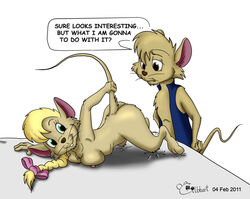 1boy 1girls 2011 anthro blonde_hair breasts dated duo female four_fingers furry furry_only gilbhart green_eyes jenny male mouse mouse_ears mouse_tail nipples raised_tail secret_of_nimh signature speech_bubble tagme tail tail_grab timothy_brisby vest whiskers white_background