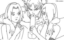 clis clis_comics female human ino_yamanaka male monochrome naruto sakura_haruno straight temari