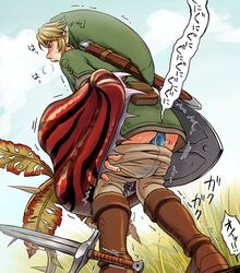 1boy anal ass blonde_hair blush boko_baba boots boy_rape deku_(tloz) deku_baba fingerless_gloves grass hat interspecies link link_(twilight_princess) male malesub monster nintendo open_mouth oral outdoors plant rape shield shiwashiwa_no_kinchakubukuru sky standing sword tentacle tentacle_on_male text the_legend_of_zelda tongue trembling twilight_princess undressing vore weapon