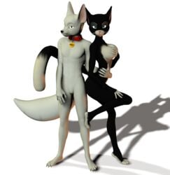 1boy 1girls 3d anthro black_fur body_fur bolt_(character) bolt_(film) breasts canine cat clear_background color disney dog exposed_breasts feline female furry furry_breasts hand_on_breast interspecies male mittens mittens_(bolt) standing toony unrealfox white_fur