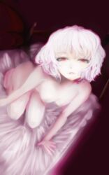 1girls amii bed breasts female kneeling nipples nude red_eyes remilia_scarlet solo touhou white_hair