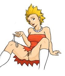 1girls blonde_hair female female_only hobb human lifted_dress lisa_simpson open_mouth panties pearl_necklace pussy socks solo spiked_hair spiky_hair spread_legs the_simpsons white_background