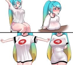 aqua_hair big_breasts blue_eyes blue_hair blush dochi female gradient_hair hidden_curves league_of_legends long_hair long_twintails loose_shirt multicolored_hair oversized_shirt ponytail riot_games shirt_tighten_meme sona_buvelle t-shirt/pajamas_challenge tagme thick_thighs twintails