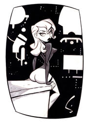 1girl 1girls ass batman_(series) batman_beyond black_and_white black_lipstick butt dc dcau exposed_ass eyelashes eyeshadow female female_focus female_only human human_female human_only legs light_skin looking_at_viewer melanie_walker partially_clothed pointy_breasts round_ass round_butt seductive_look shane_glines sitting skin_tight solo_female ten_(royal_flush_gang) thin_waist white_background