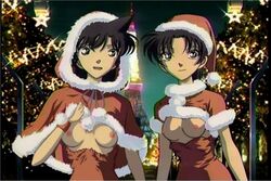 2girls blue_eyes breasts brown_hair christmas detective_conan duo female green_eyes human kazuha_toyama long_hair looking_at_viewer multiple_girls nipples pale-skinned_female pale_skin ran_mouri santa_costume santa_hat tagme