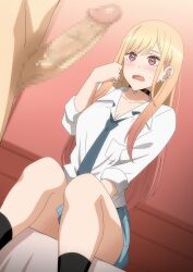 1boy 1girls blonde_hair blush hera_(hara0742) kitagawa_marin school_uniform sitting_on_bed sono_bisque_doll_wa_koi_wo_suru