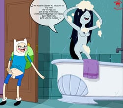 1boy 1girls adventure_time backpack bag bigtyme black_hair blonde_hair canonical_scene cartoon_network cleft_of_venus clothed_male_nude_female english_text fangs female finn_the_human footwear hair human indoors long_hair male marceline masturbation nude pale_skin peeping_on_marceline pointy_ears shower text uncensored vampire voyeur watching