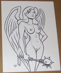 1girls david_farley dc dc_comics dcau earrings female female_only hawkgirl justice_league justice_league_unlimited line_art mace nipples nude photo_(medium) picture_of_picture pubic_hair shayera_hol signature solo weapon wings