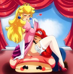 1boy 1girls ass blonde_hair blush closed_eyes clothes color crown cunnilingus ear_piercing elbow_gloves female gloves heart high_heels human kneeling long_hair looking_pleasured male mario mario_(series) medium_breasts moustache mushroom nintendo open_mouth oral piercing pineapplelicious princess_peach shoes sideboob sitting smile straight super_mario_bros.