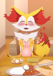 adorable anthro braixen breasts canid canine cute cute_fangs eyes_closed fangs female first_person_view food fox fur generation_6_pokemon highoncoffee human male mammal multicolored_body multicolored_fur nintendo nipples orange_body orange_fur pokemon pokemon_(species) pov spoon stick straight tail tail_motion white_body white_fur yellow_body yellow_fur