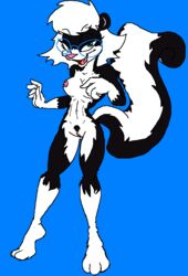 3_toes animal_ears anthro black_fur blue_background glasses medium_breasts nipples nude open_mouth sabrina_conrad sabrina_online skunk tail webcomic white_fur