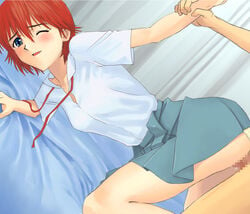 1boy 1girls blue_eyes blush censored clothed clothed_sex clothing homunculus_(artist) mana_kirishima neon_genesis_evangelion on_bed one_eye_closed open_mouth red_hair skirt small_breasts uniform