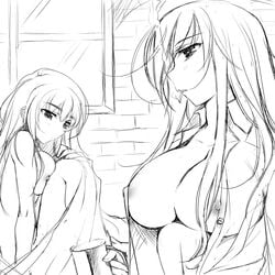 2girls big_breasts black_and_white breasts clothing indoors large_breasts line_art long_hair minna-dietlinde_wilcke nipples nude sakamoto_mio smoking strike_witches window