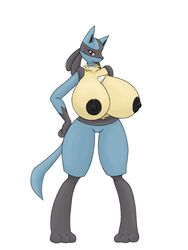 angelthecatgirl anthro breasts breasts_bigger_than_head color exposed_breasts female female_only front_view fur furry furry_breasts gigantic_breasts lucario nudity pokemon pokemon_(species) solo white_background