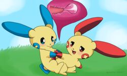 anthro blue_eyes blush cum cum_inside fur furry hand_holding internal love minun mysterious_mew nintendo open_mouth penetration penis plusle pokemon pokemon_(species) pussy red_eyes smile video_games