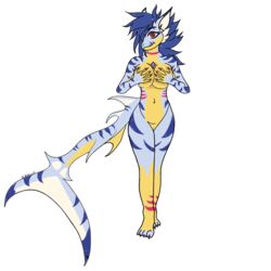 1:1 anthro axela breasts digimon digimon_(species) female fish fur gabumon genitals gills grope hair hi_res inner_ear_fluff long_tail marine multicolored_body nipples non-mammal_breasts nude pussy red_eyes shark simple_background solo tuft xion_13 yellow_body yellow_skin