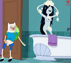 1boy 1girls adventure_time backpack bag bigtyme black_hair blonde_hair canonical_scene cartoon_network cleft_of_venus clothed_male_nude_female fangs female finn_the_human footwear human indoors long_hair male marceline masturbation nude pale_skin peeping_on_marceline pointy_ears shower uncensored vampire voyeur watching