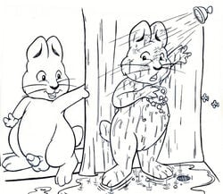 1boy 1girls anthro balls betweenthelions duo erection female furry male max_(max_and_ruby) max_and_ruby monochrome nude penis rabbit ruby_(max_and_ruby) shower soap surprised