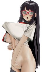 black_hair breasts clothes_lift cowboy_shot dildo female female_masturbation glasses grey_eyes highres holding holding_sex_toy large_breasts long_hair looking_at_viewer lower_teeth_only maeshima_ryou masturbation open_mouth original red-framed_eyewear sex_toy shirt shirt_lift short_sleeves simple_background solo sweat teeth white_background white_shirt