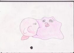 color crossover ditto interspecies kirby kirby_(series) male nude pink_skin pokemon pokemon_(species) sexless side_view sucking tagme traditional_media_(artwork)