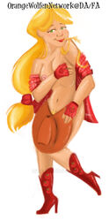 applejack_(mlp) blonde_hair cowboy_hat farmgirl female fingerless_gloves freckles friendship_is_magic hay_in_mouth heels humanized large_breasts long_hair my_little_pony orangewolfennetwork smooth_skin solo undressing