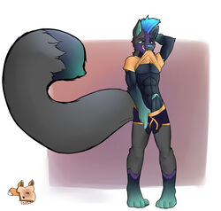 abs anthro aroused balls bite black_fur blueberry_(character) bulge canine chest_tuft clothing erection fluffy_tail fox fur furry green_eyes grey_fur long_tail male male_only markings mohawk muscles pecs penis presenting shirt shirt_lift shorts solo tattoo teeth toastedfox two_tone underwear