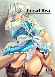 anus ass ass_grab black_legwear blue_eyes braid female from_behind garter_straps leaning_forward looking_back maid maid_headdress panties sakuya_izayoi sama_samasa short_hair silver_hair solo_focus spread_anus thighhighs touhou twin_braids underwear white_panties