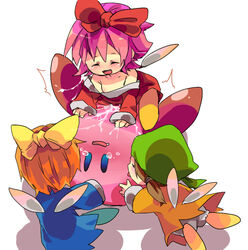 brown_hair cowgirl_position cum cum_in_pussy cum_inside fairy hairbow hat kirby kirby_(series) licking multiple_girls open_mouth orange_hair pink_hair ribbon_(kirby) sex tears wings