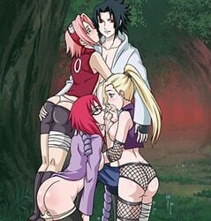 1boy 3girls bike_shorts blush female fishnet_panties human ino_yamanaka male naruto sakura_haruno sasuke_uchiha straight uzumaki_karin