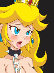 andersonicth blonde_hair blue_eyes blush chains cleavage crown earrings female long_hair mario_(series) nintendo open_mouth princess_peach simple_background solo spiked_collar tongue_out