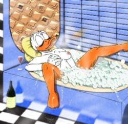 1girls anthro barefoot bath bathtub breast_grab breasts bubble bubbles daisy_duck disney female female_only furry masturbation moltsi nipples open_mouth orgasm relaxing rubbing sleeping soft_feathers solo tub