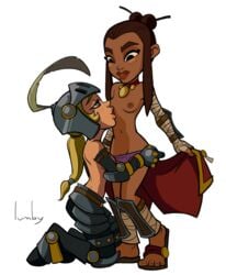 2girls 4_fingers 4_toes armor artist_name artist_signature blonde_hair blue_eyes blush breasts brown_eyes brown_hair countess_(dungeon_defenders) dark_hair dark_skin dungeon_defenders feather female helmet initiate_(dungeon_defenders) kissing licking light_skin long_hair looking_down looking_up lumby medieval_armour multiple_girls necklace nipples sideboob small_breasts topless transparent_background undressing undressing_another yuri