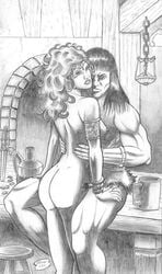 1boy 1girls ass bottomless breasts butt conan conan_the_barbarian_(series) earrings female long_hair male monochrome nipples nude oliver_lee red_sonja red_sonja_(comics) round_ears tagme topless