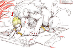 bestiality blonde_hair blush fate/stay_night fate/zero fate_(series) gay gilgamesh kirei kotomine lion nipples short_hair sketch