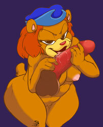 1boy 1girls 2012 adventures_of_the_gummi_bears animal_ears anthro balls breasts disney female furry grammi_gummi handjob hat licking nipples oral penis puffy_nipples pussy red_hair shigoto straight tail